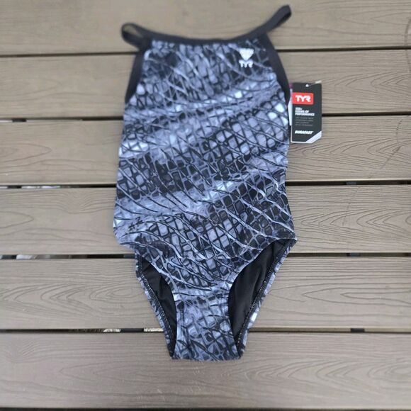 TYR Durafast Elite P lexus Gray/black DiamondFit 1 Pc Swimsuit Women Sz 30 NEW - Picture 1 of 3
